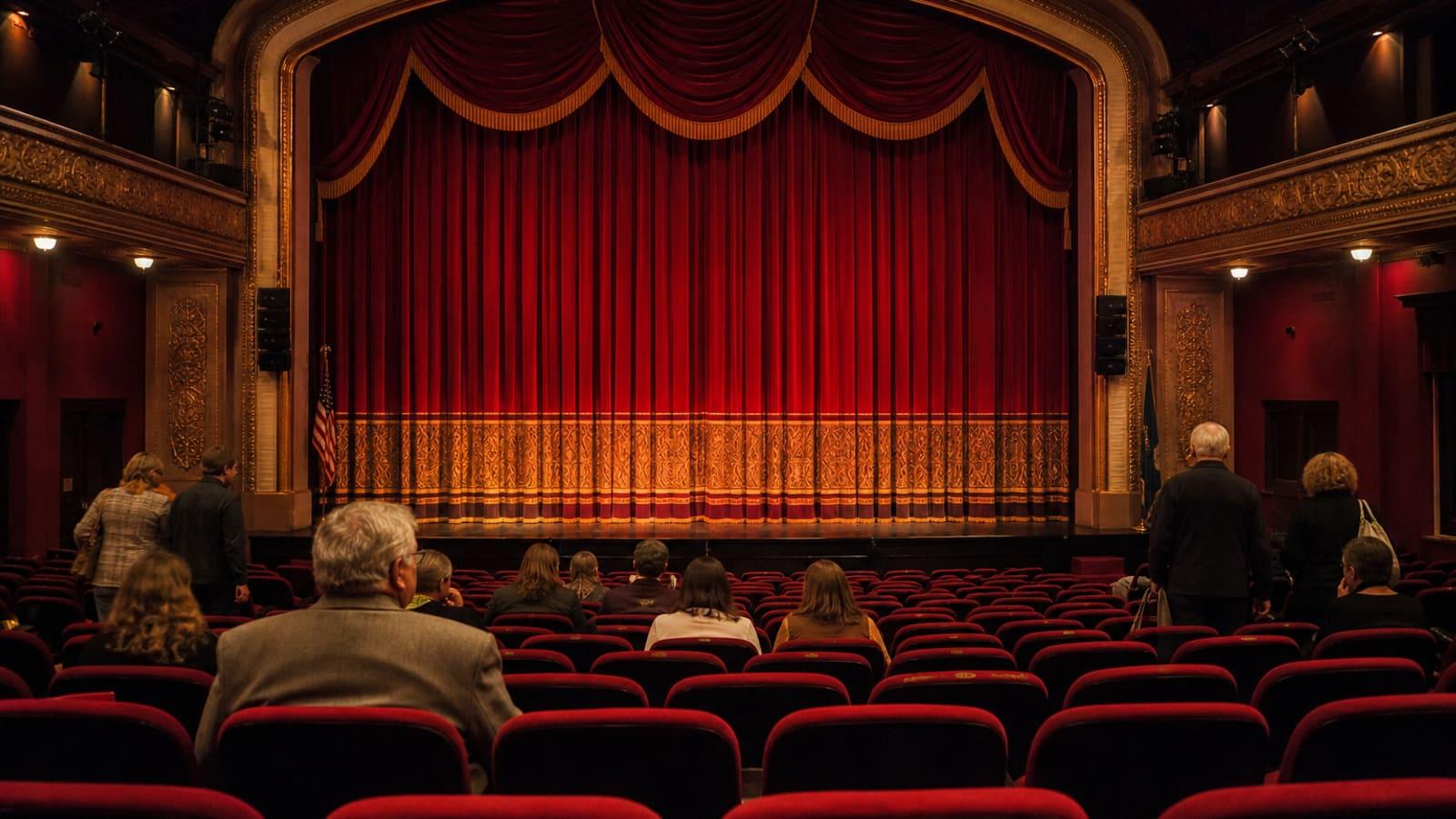 Community theater house with red seats facing the stage
